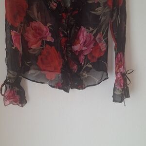 Zara Boho Silk  Black  Blouse with Red and Pink Floral Print Sz S